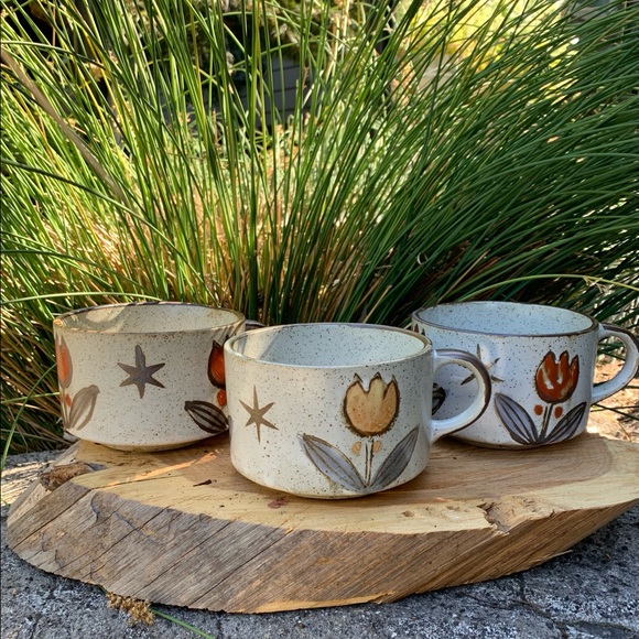 Vintage speckled stoneware soup mugs - set of 3